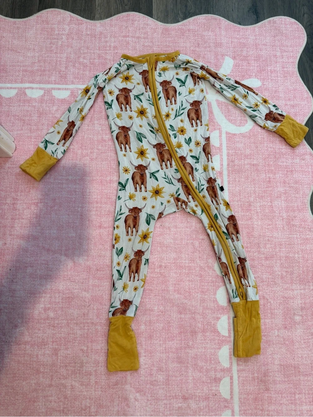 Toddler bamboo zippy in Mustard and Ivory with highland cow Print